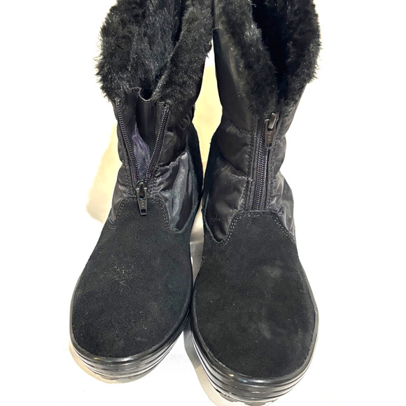 Skechers Women's Sz 7.5 Alaska Black Quilted Suede Leather Winter Boots Faux Fur - Picture 3 of 9